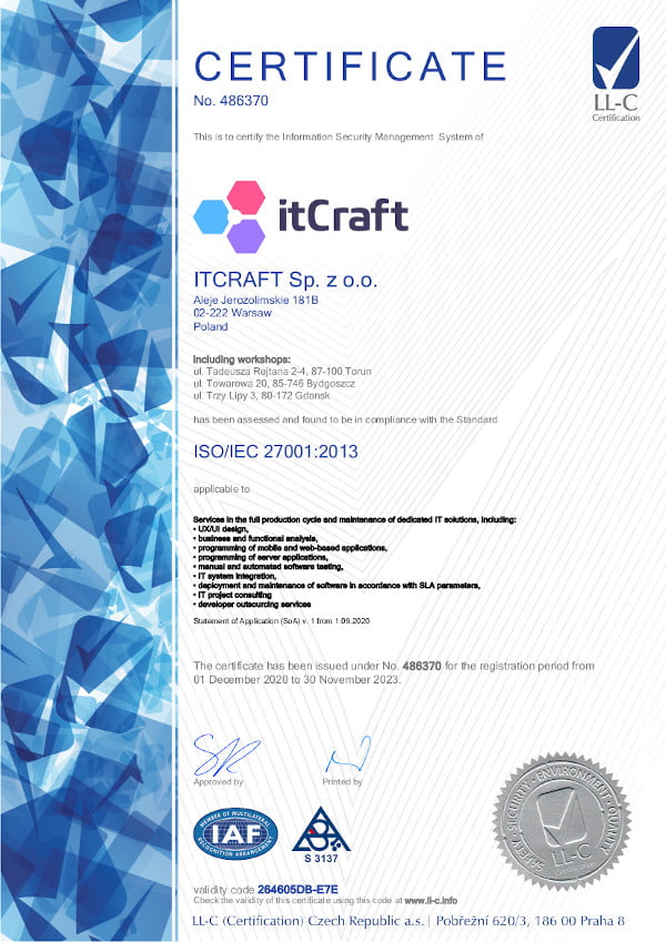 itCraft is a software house certified with ISO 27001